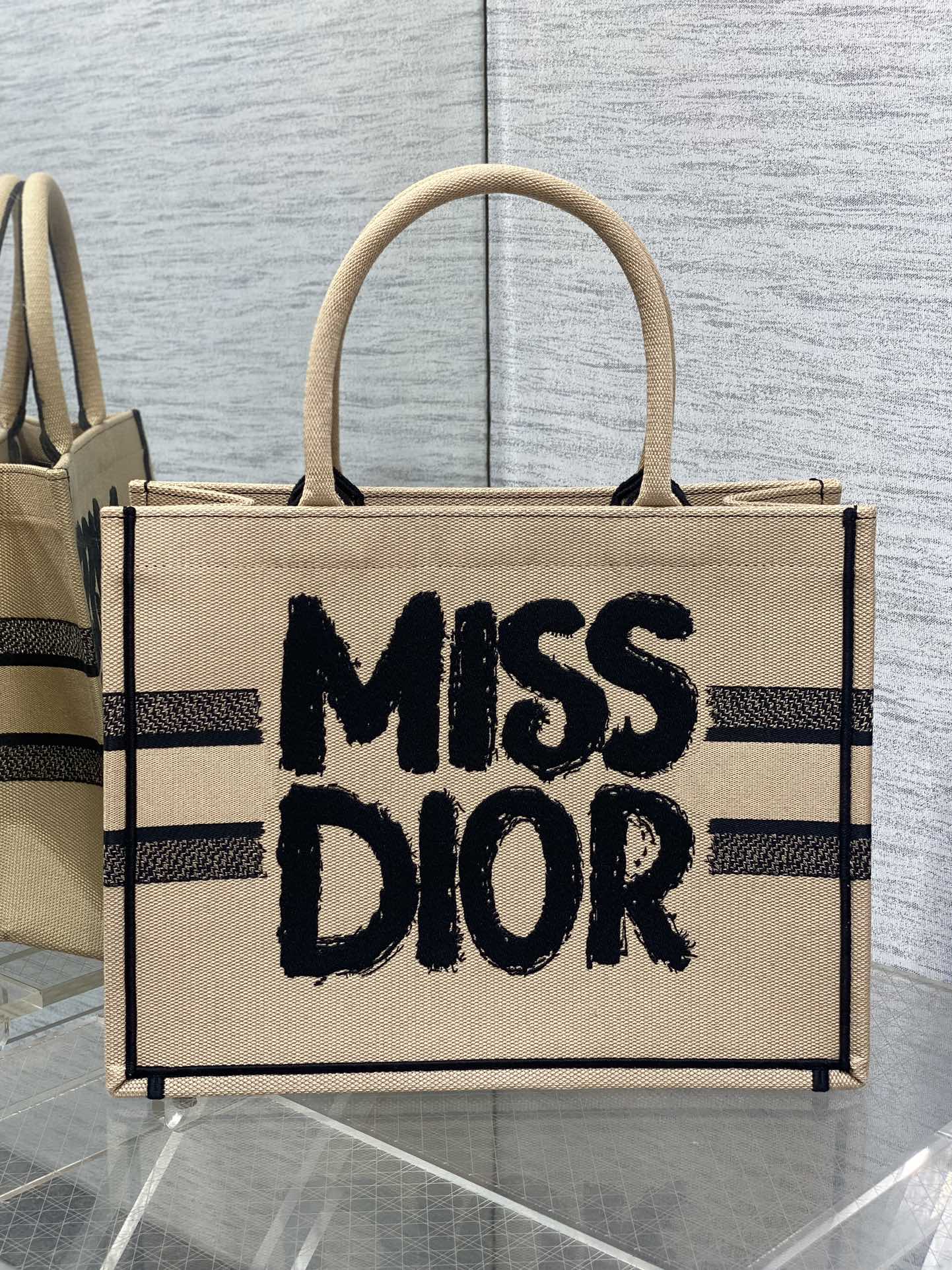 Medium Dior Book Tote Bag Beige and Black Miss Dior Graffiti Embroidery